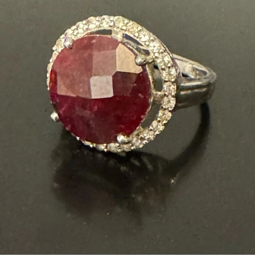 Large Faceted Ruby Sterling Silver Ring with White Topaz Halo